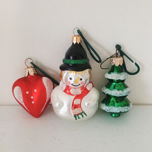 Vintage Set Of 3 Blown Glass Christmas Ornaments Heart Santa Christmas Tree